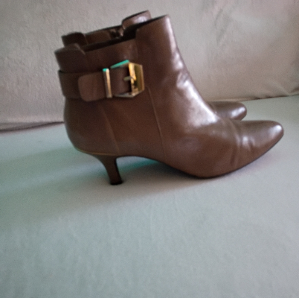 Anne Klein Brown Leather Ankle Booties with Gold Buckle - Picture 3 of 11